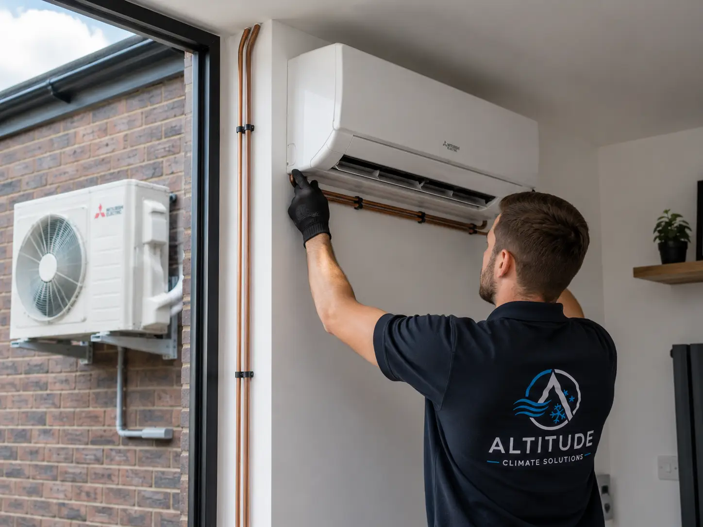 Altitude Climate Solutions engineer installing a split air conditioning system on site.